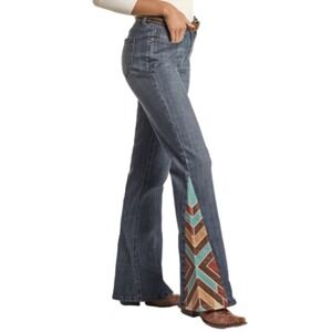 Women's Flare Jeans with Multicolor Chevron Design